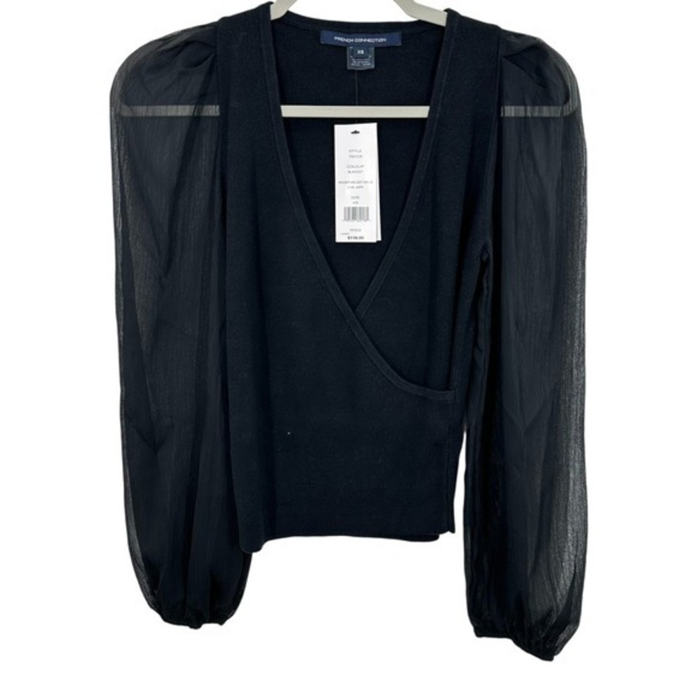 French Connection Black Wrap V Neck Sheer Puff Sleeve Knit Sweater XS NWT